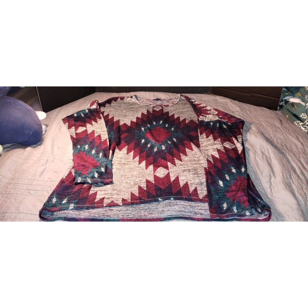 Womens Aztec Geometric Knit Pullover Sweater Round Neck Long Sleeve Gray